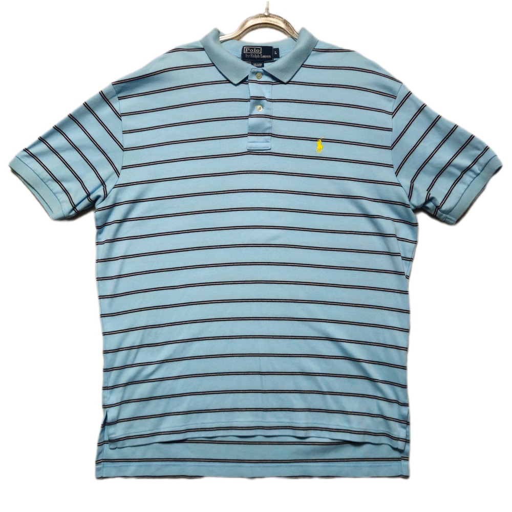 POLO RALPH LAUREN Polo Shirt Mens Large Blue Stripe Pony‎ Logo Cotton Classic
